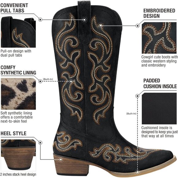 🆕Women Black Synthetic Leathers Cowgirl Chunky Heel Snip Toe Mid-Calf Boots - Picture 7 of 10